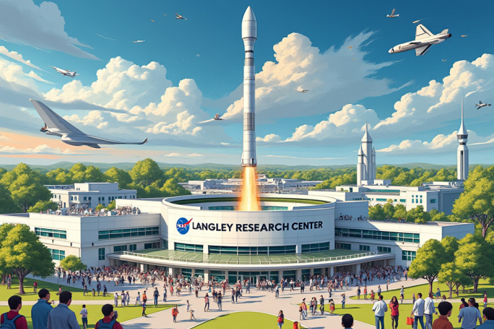 NASA Langley Research Center with a rocket launching, surrounded by crowds, aircraft, and futuristic buildings.