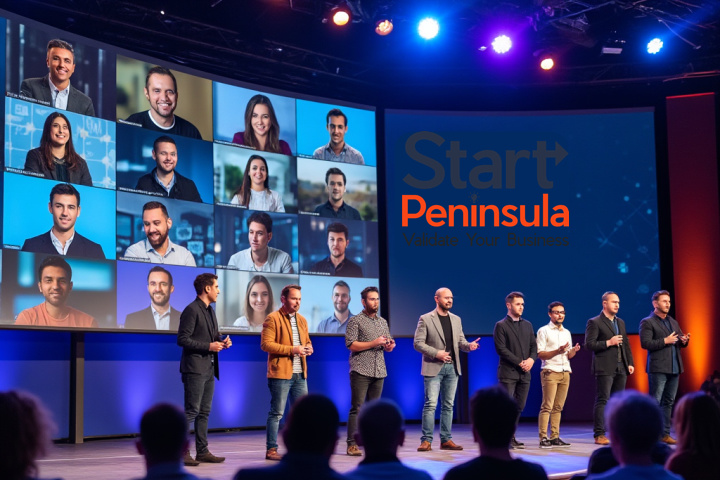 Start Peninsula Championship event showing entrepreneurs presenting on stage with a digital screen in the background displaying participants joining virtually.