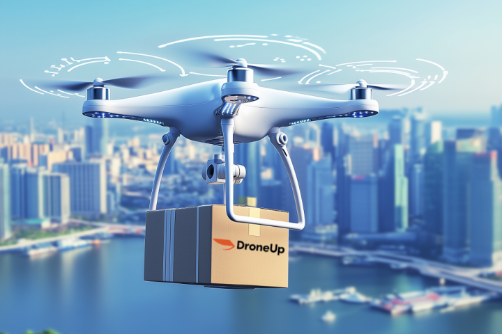 A drone delivering a package over an urban landscape, symbolizing advanced airspace management and drone delivery innovation.