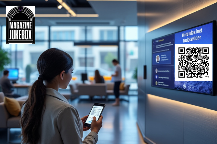 A woman using a smartphone to interact with a digital magazine platform by scanning a QR code displayed on a large screen in a modern business waiting area. The environment is sleek and professional, with other people in the background also engaging with digital displays.