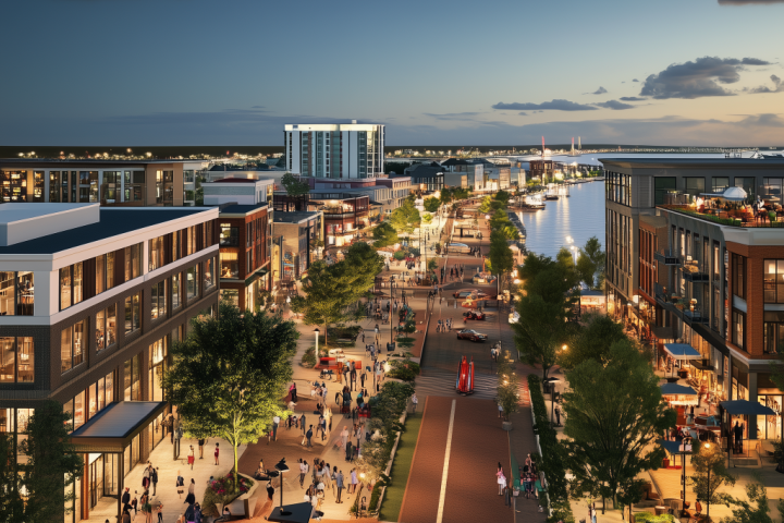 A vibrant urban street in Hampton Roads at dusk, featuring modern buildings, a waterfront promenade, diverse people walking, dining, and engaging in community activities under warm lighting.