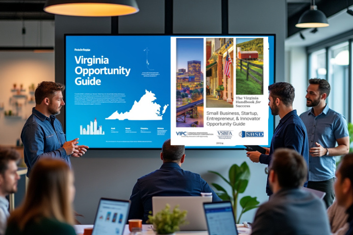 Group of entrepreneurs in a modern workspace presenting the Virginia Opportunity Guide on a large screen, featuring information on startup resources and regional opportunities.