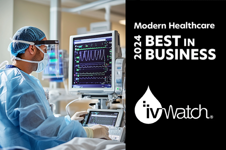 A medical professional using an advanced ivWatch monitoring system with Modern Healthcare's 2024 Best in Business recognition and ivWatch logo displayed.