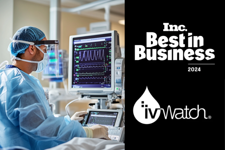 Medical professional using an advanced ivWatch monitoring system, with Inc. 2024 Best in Business recognition and ivWatch logo displayed.