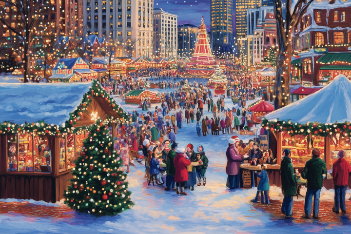 A festive holiday market scene in Downtown Norfolk, featuring decorated stalls, a glowing Christmas tree, and a lively crowd enjoying holiday activities under twinkling lights with a city skyline in the background.