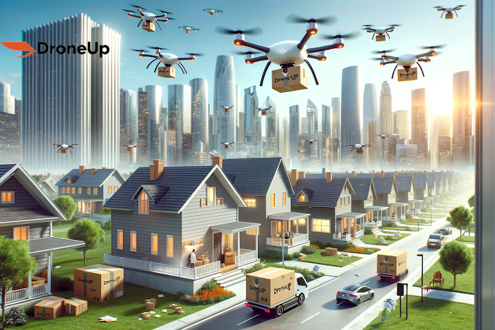 Multiple drones delivering packages in a suburban neighborhood with DroneUp branding, with a futuristic city skyline in the background.