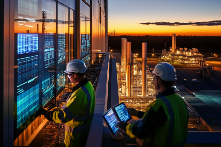 Engineers monitoring advanced digital screens at a futuristic fusion power plant during sunset, with glowing reactors and industrial infrastructure in the background.