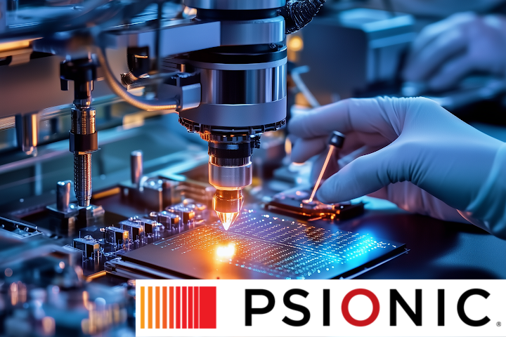 Close-up view of a high-tech laboratory with a photonic microchip under precision laser calibration, highlighting Psionic's logo.