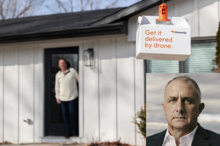 DroneUp drone delivering a package labeled 'Get it delivered by drone' to a suburban home, with CEO Tom Walker's portrait inset.