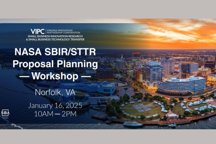 Aerial view of Norfolk, Virginia at sunset, highlighting the waterfront and urban buildings, with overlay text promoting the NASA SBIR/STTR Proposal Planning Workshop on January 16, 2025, from 10 AM to 2 PM.