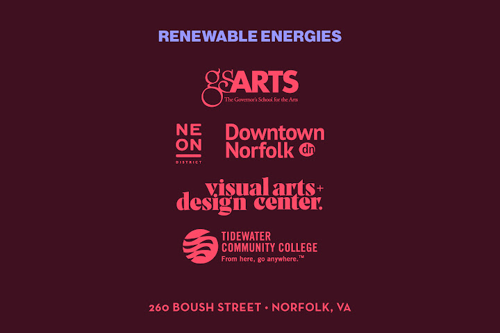 Logos of partners for the Renewable Energies exhibition, including the NEON District, Downtown Norfolk, and Tidewater Community College.